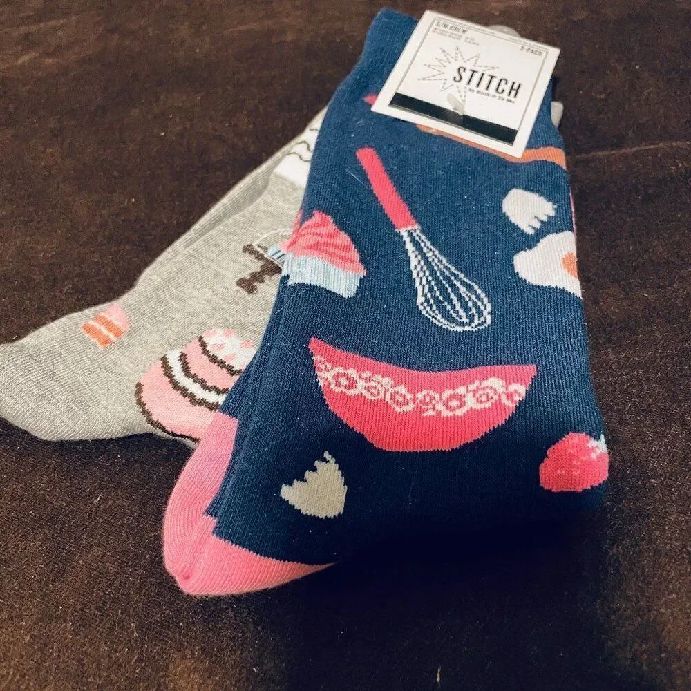 2 Pairs Sock It To Me Stitch Socks Navy Grey Baking Theme Kitchen Cake Pie